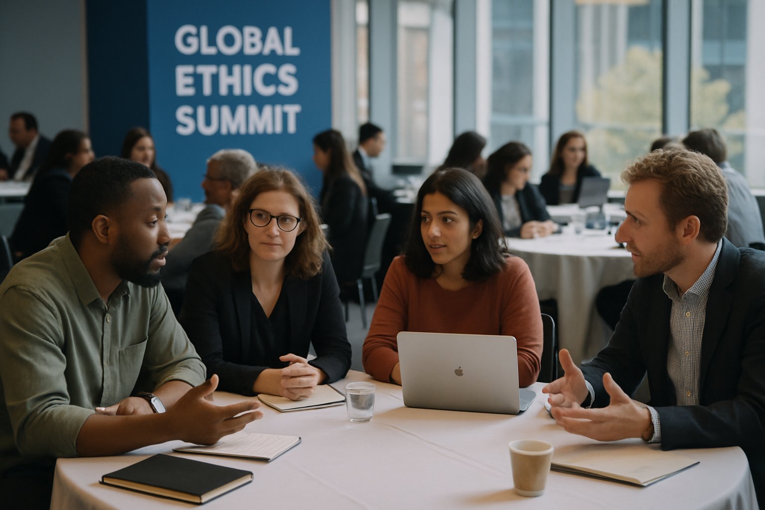 Global Ethics Summit attendees discuss AI challenges at modern conference venue.
