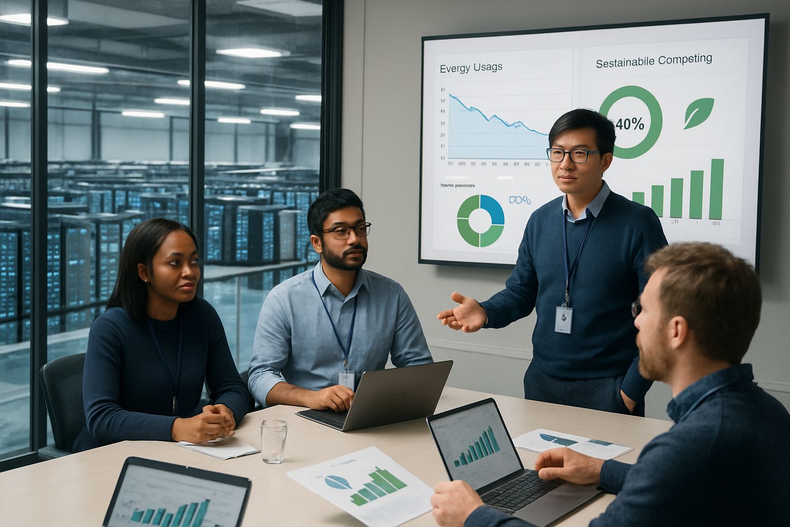 Sustainable Computing IT team reviewing energy strategies in a conference room.