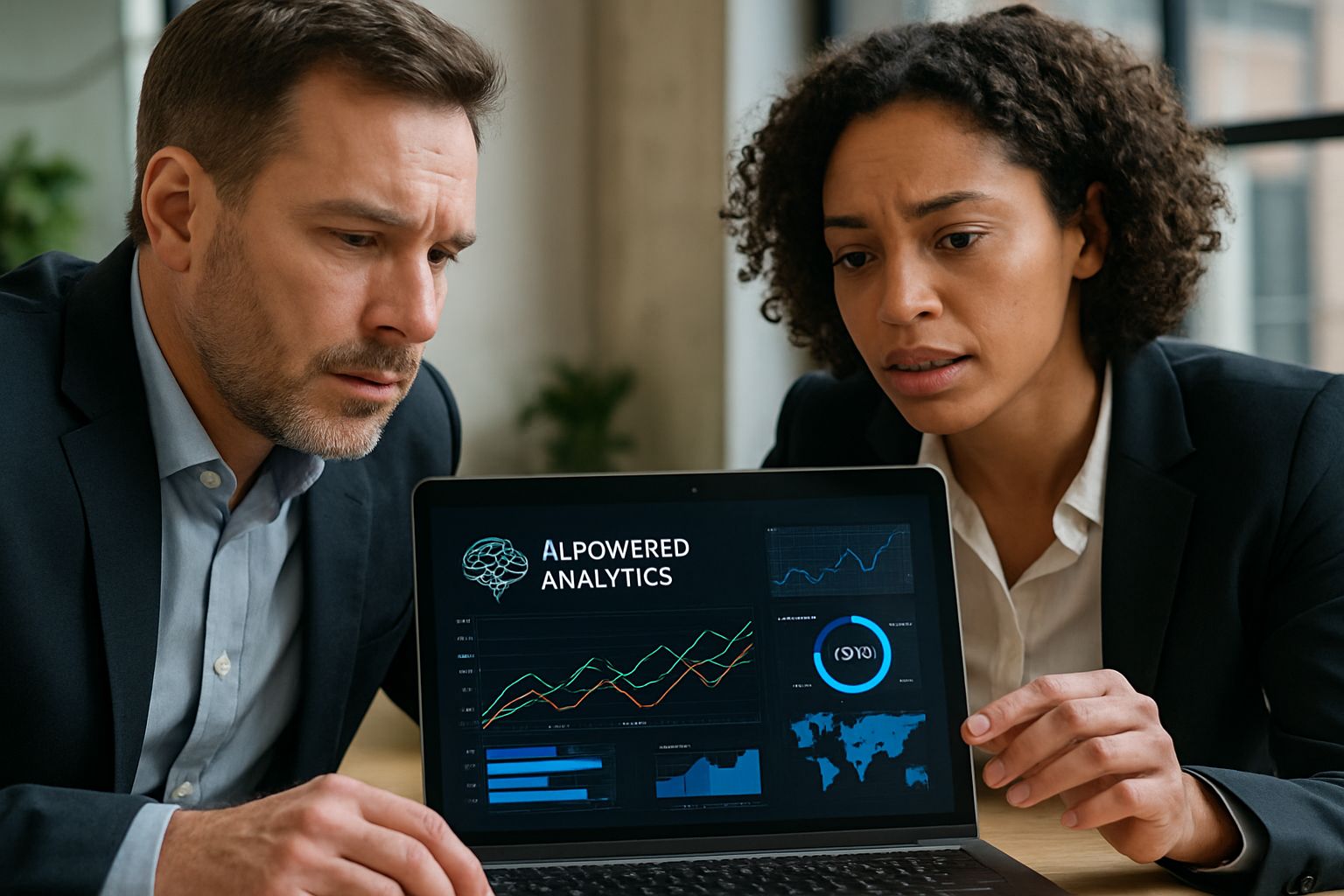 Business professionals discussing AI Collaboration analytics in office