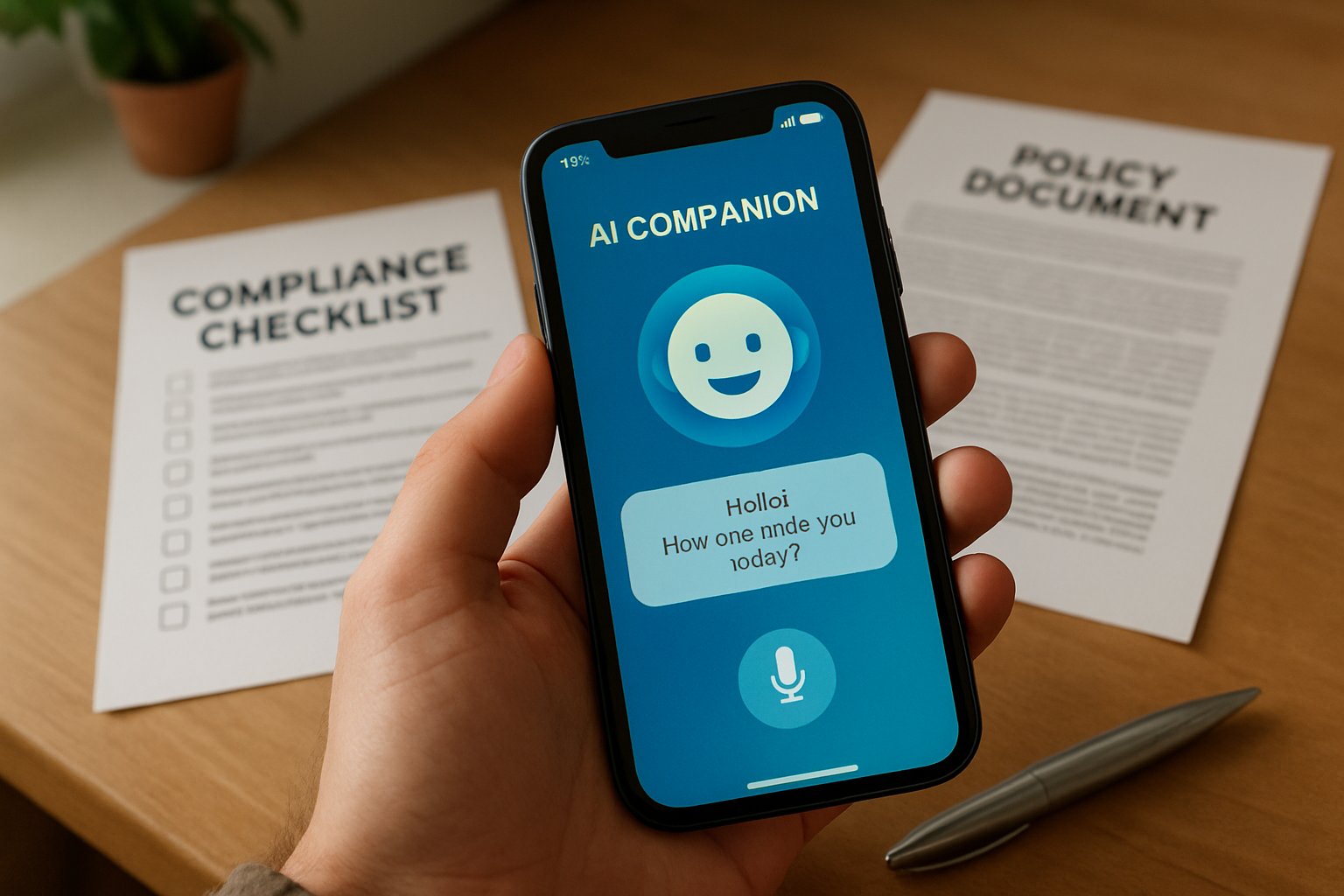 Smartphone showing Companion Ethics app interface with compliance checklist