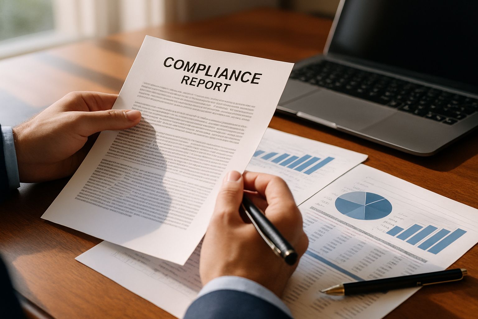 Corporate Governance compliance documents under review at office desk