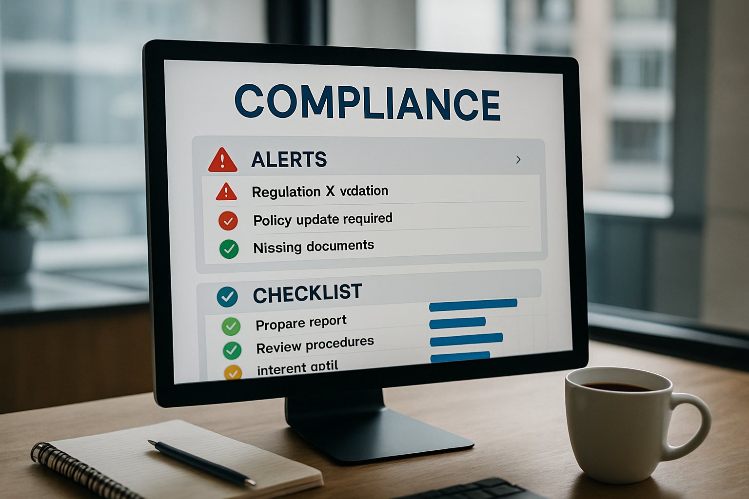Automated Compliance Workflow dashboard with alerts shown on a computer in office.