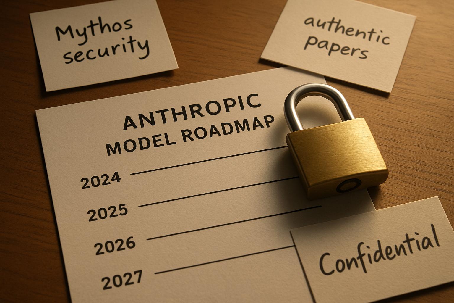 Printed Anthropic Model Roadmap and security notes symbolize leak risks.