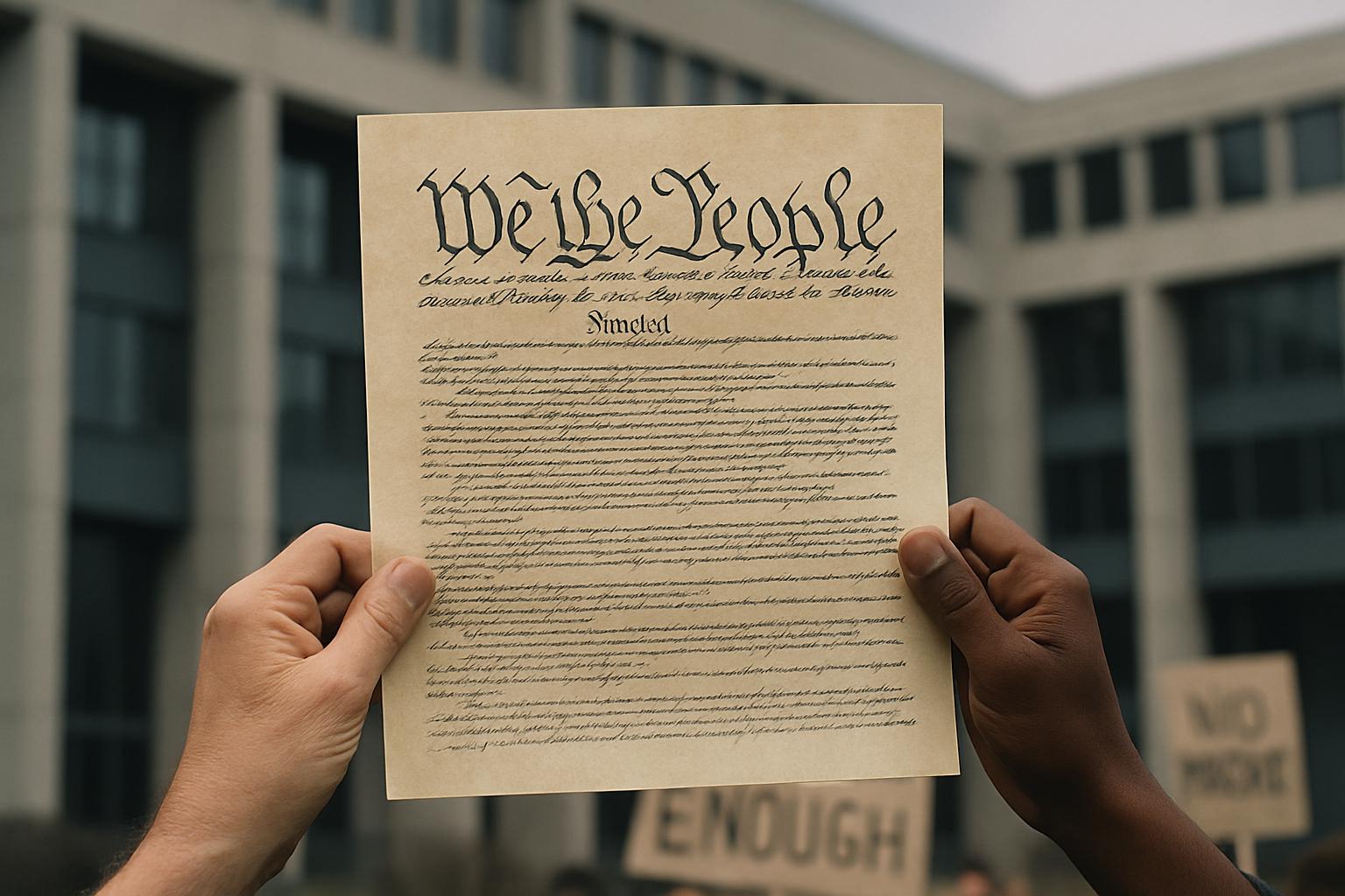 Citizens display Constitution supporting Free Speech Precedent near government building.