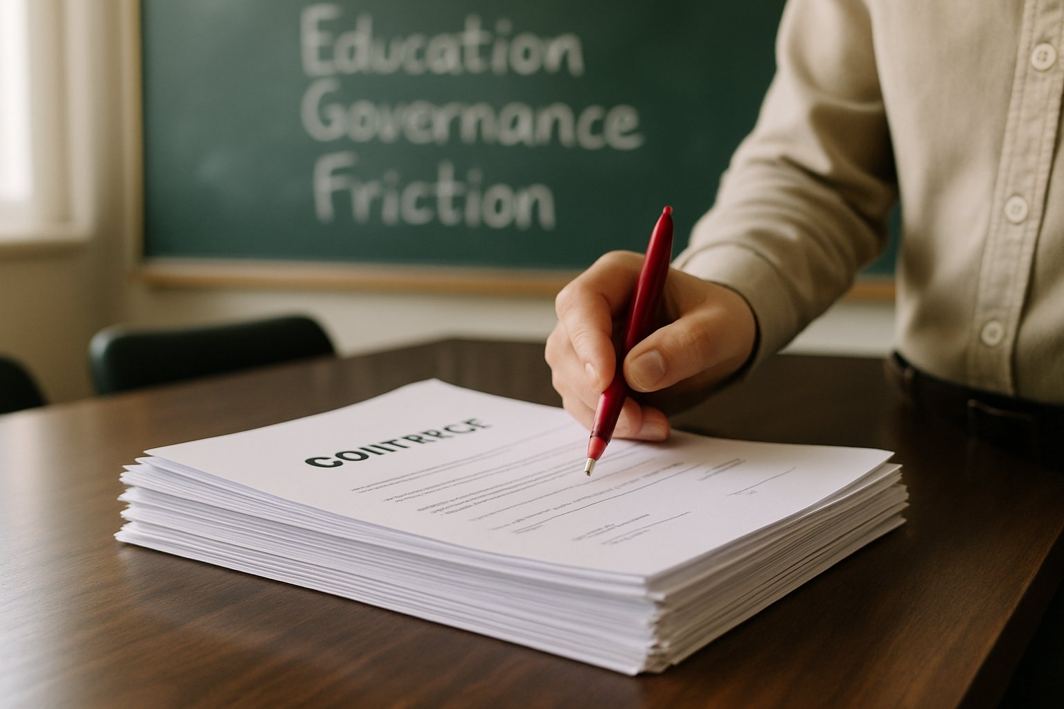 Contract paperwork represents education governance friction in San Diego schools.