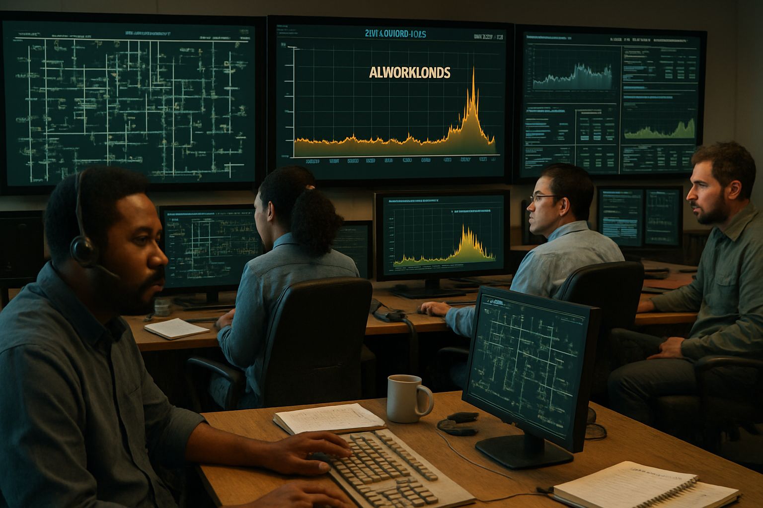 Power grid technicians monitor AI Energy Crisis data spikes