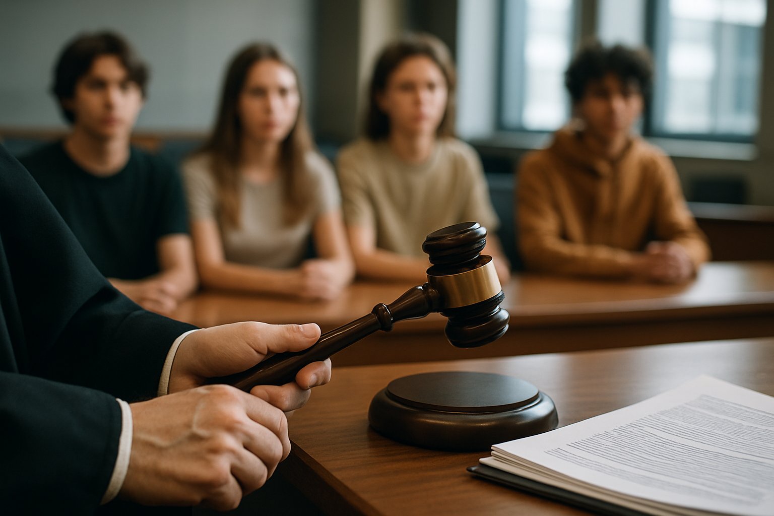 Courtroom scene highlights legal response to School Deepfake Scandal.