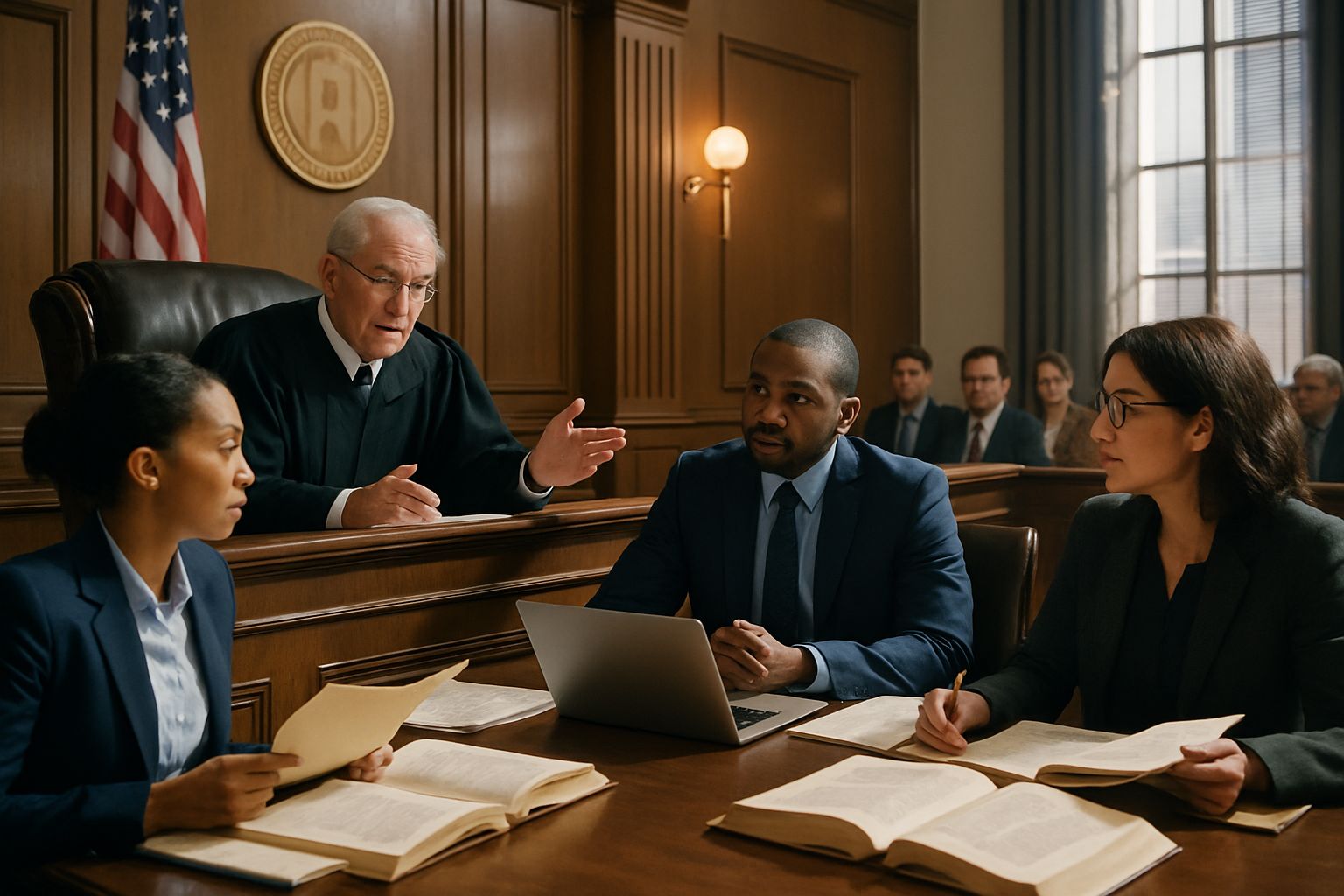 Courtroom dispute reflecting AI Policy Controversy with judge and attorneys.