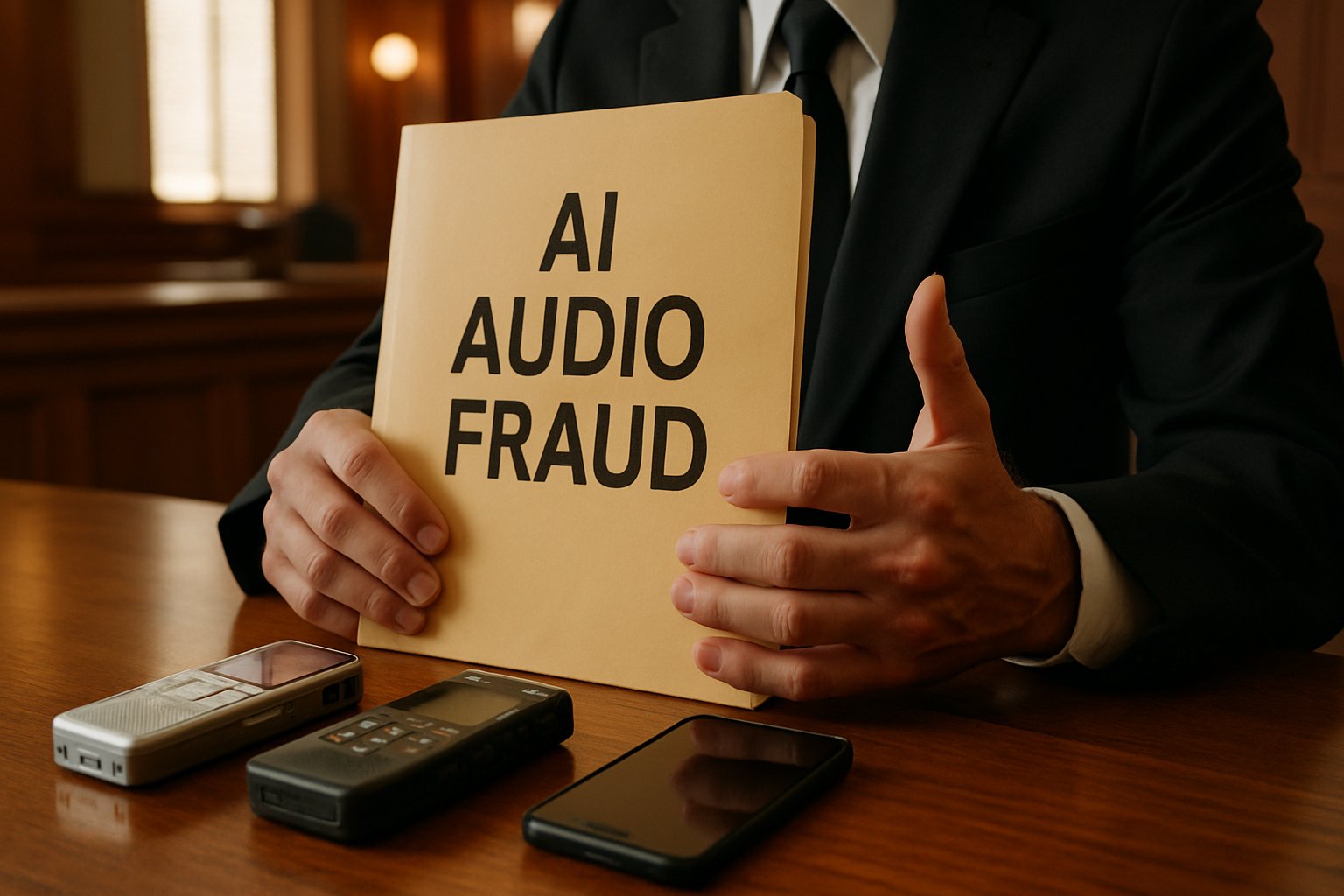 Defamation Lawsuit Alert in legal setting with AI audio fraud evidence.