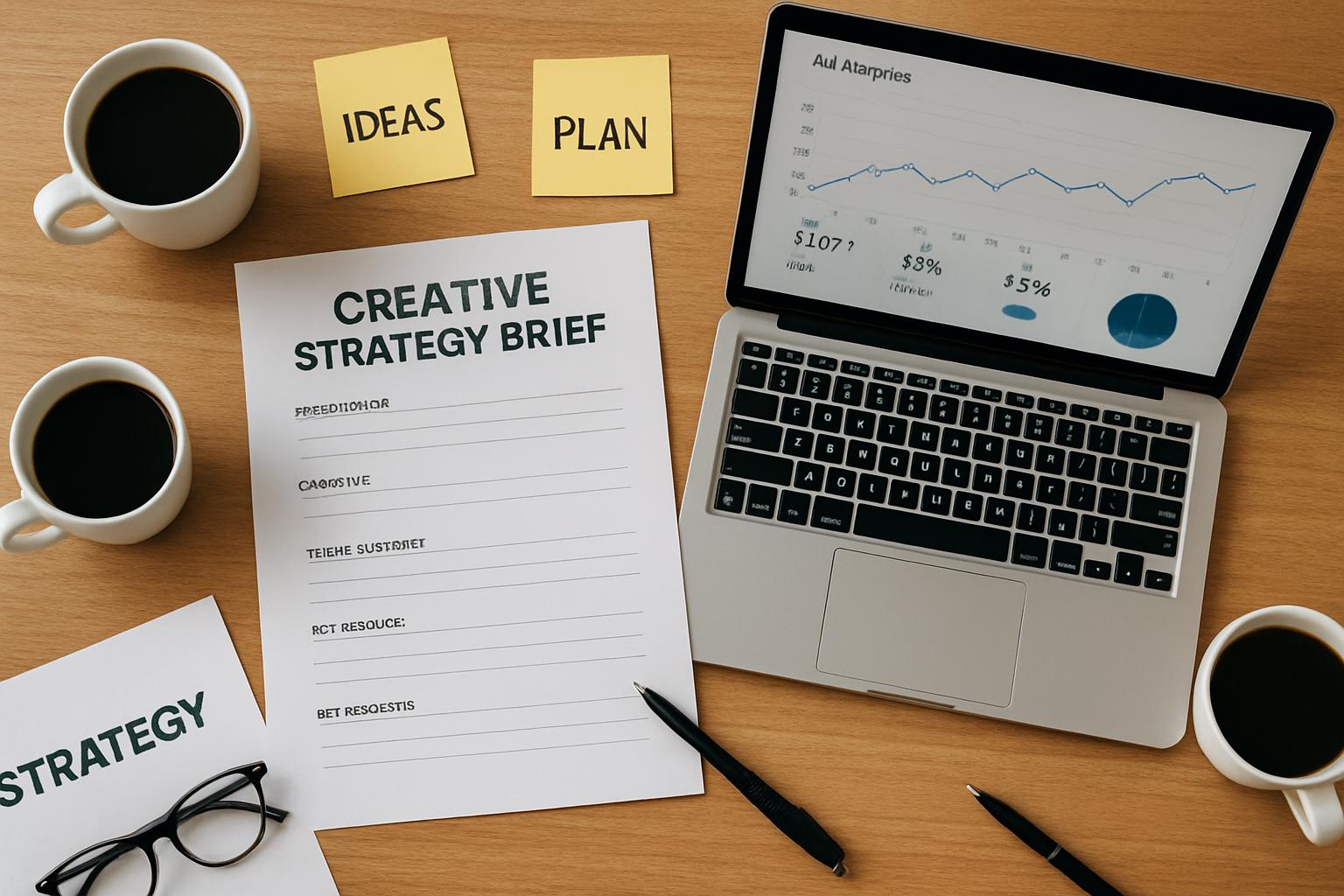 Desk workspace showcasing Creative Strategy Briefs with analytics and planning materials.