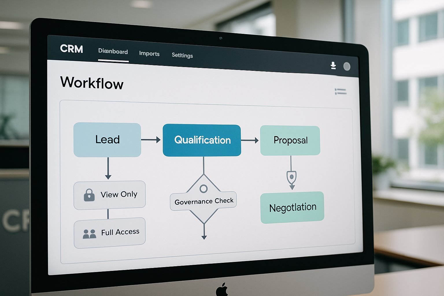 CRM dashboard showing Governed CRM Workflows with governance checkpoints in modern office