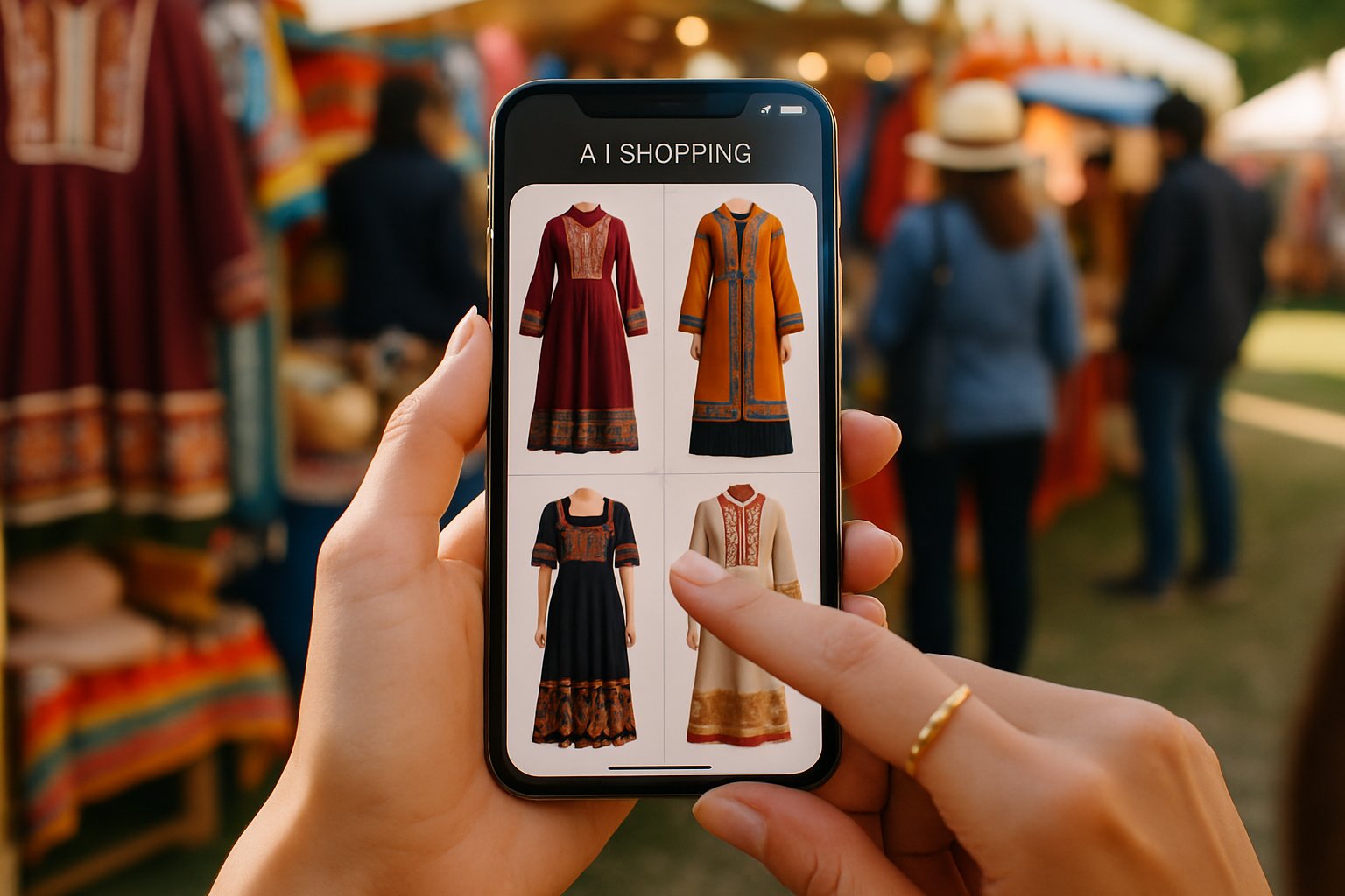Hands explore Cultural AI fashion tech using a phone at Coachella.