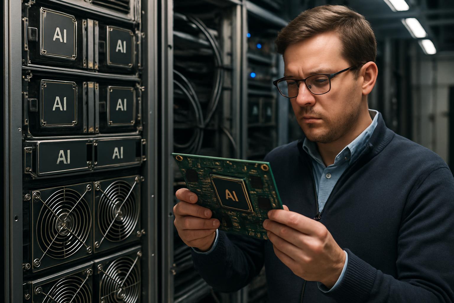 Technician inspecting custom AI chips in Recommendation AI Lab hardware room.