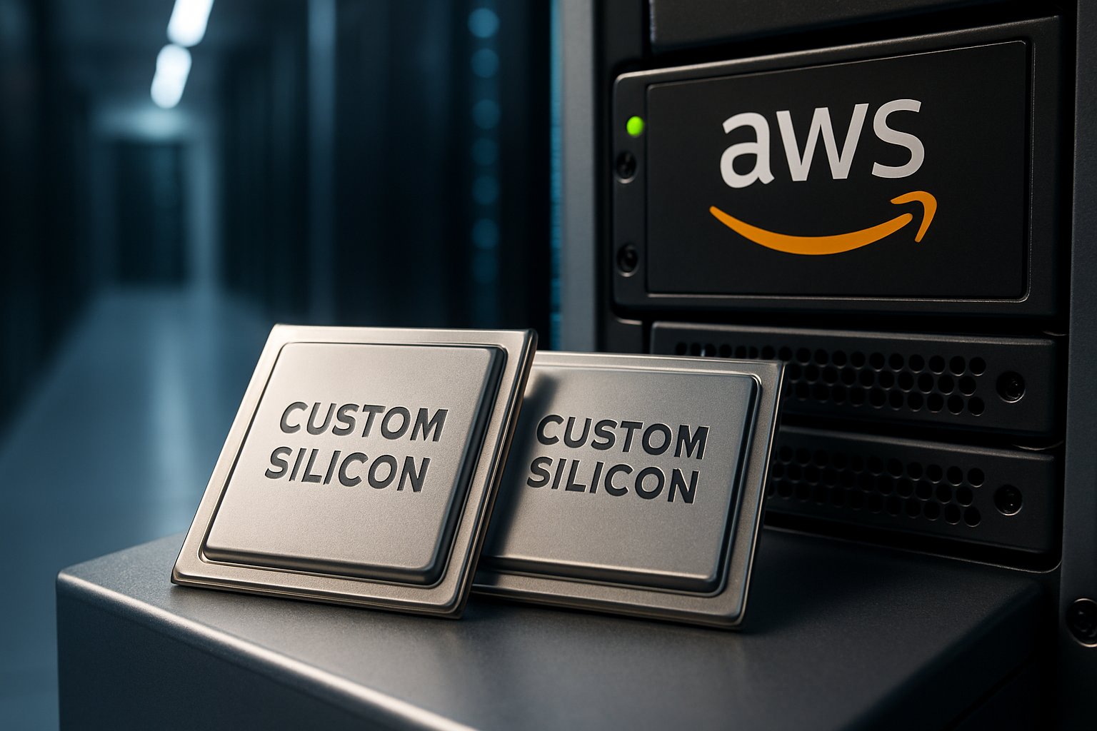 Custom Silicon chips beside AWS server rack in data center