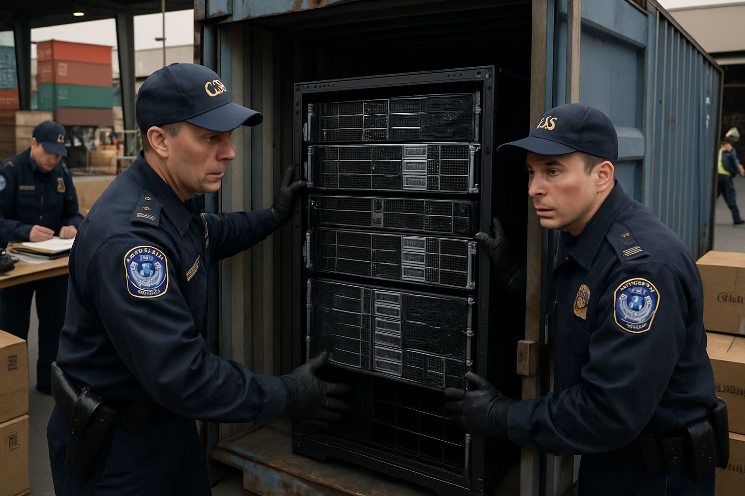 Export Control Violation at customs officers inspecting high-tech server shipment.