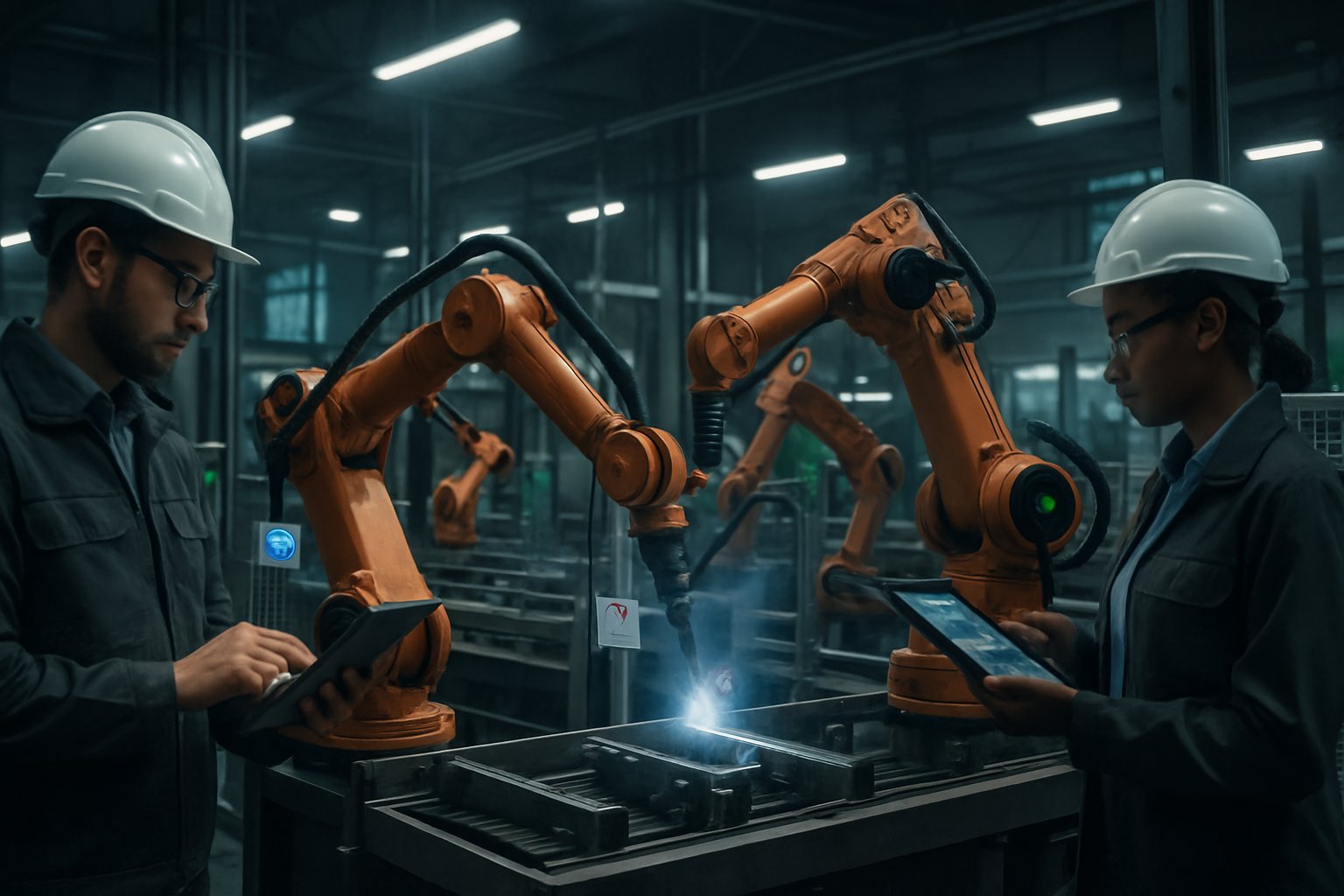 Factory professionals assessing Cyber Physical Systems security among automated AIoT devices.