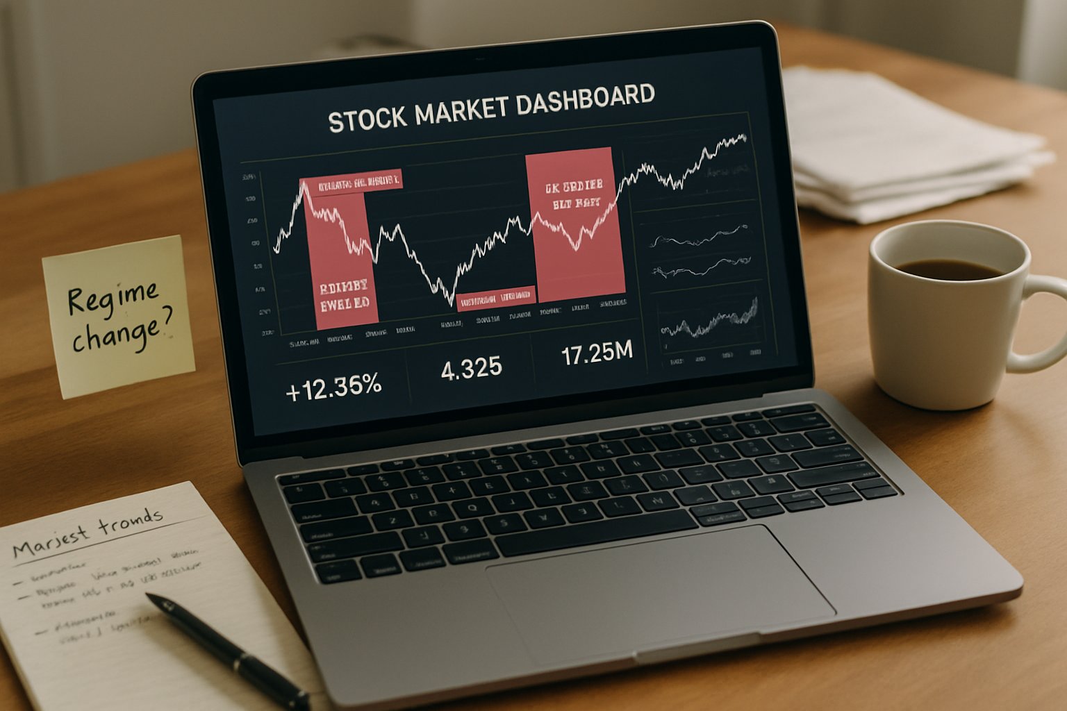 Stock market dashboard featuring Market Risk Intelligence regime detection.