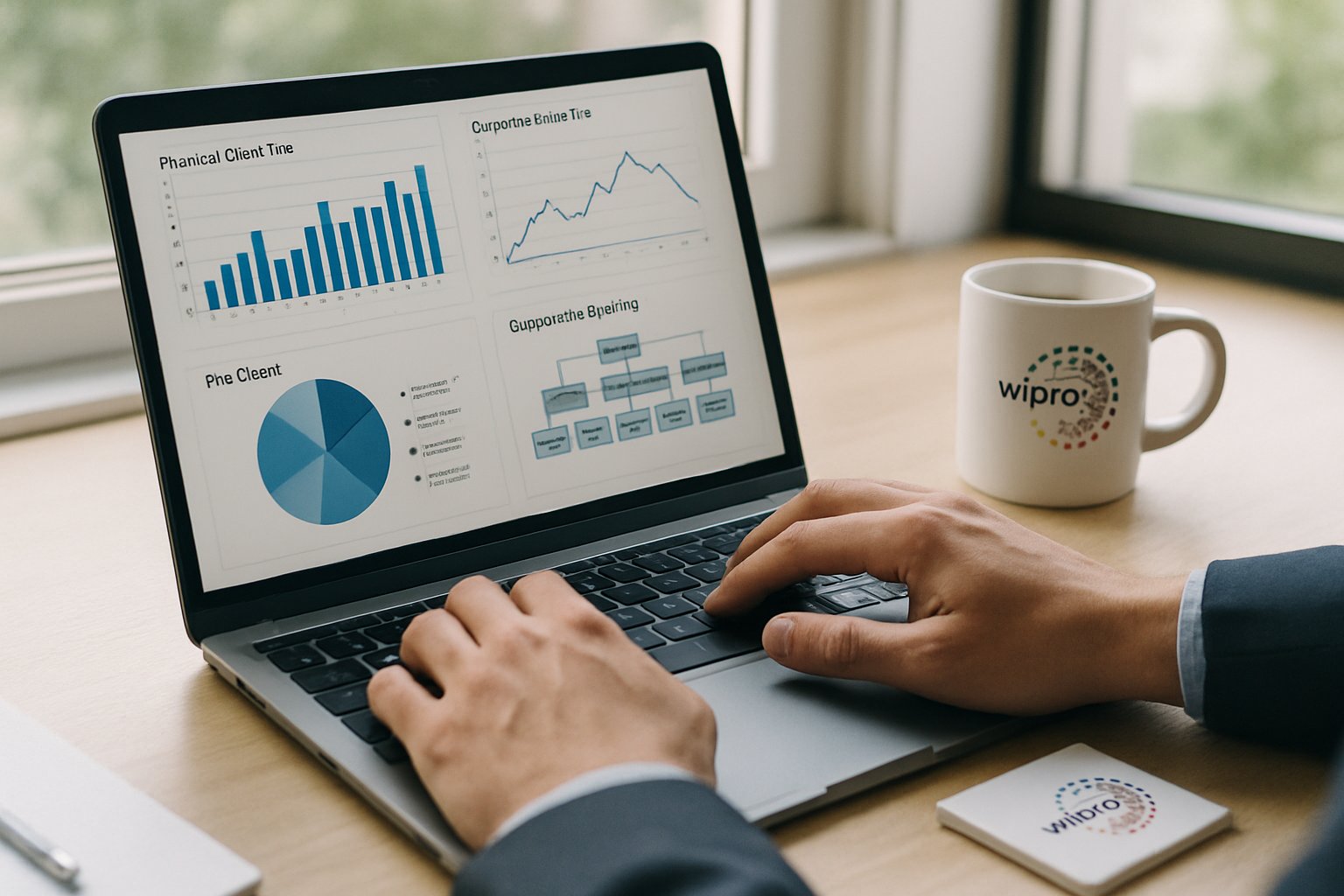 Hands reviewing IT Services Restructuring data on a laptop screen.