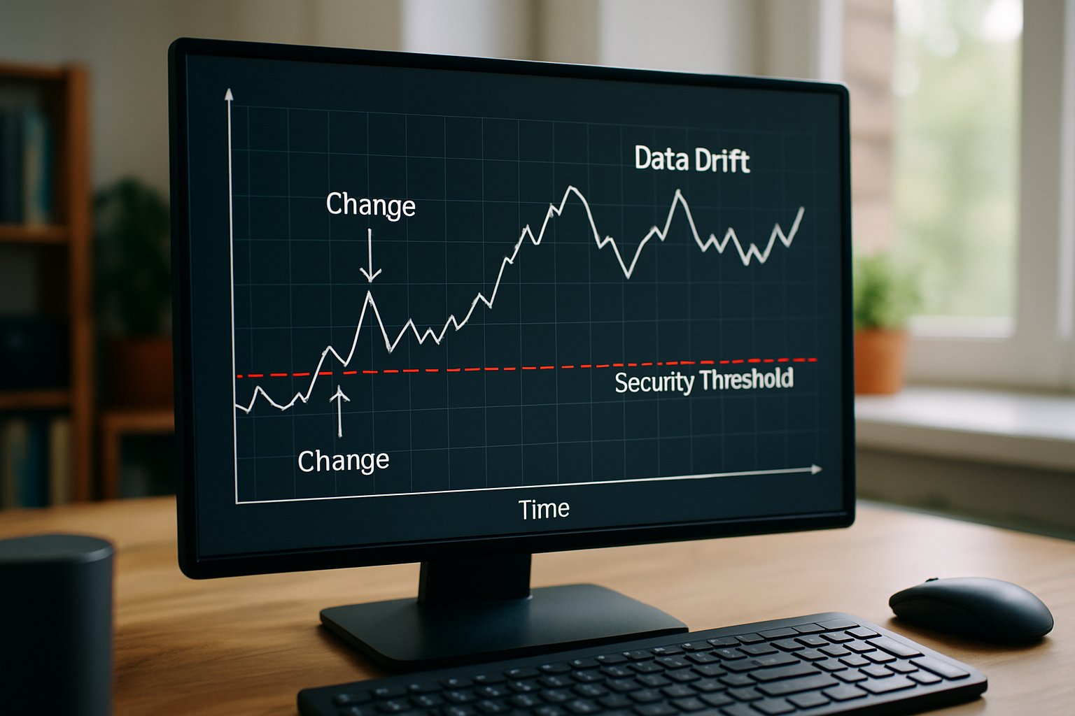 Line graph on computer screen showing data drift and ML Model Vulnerability impact.