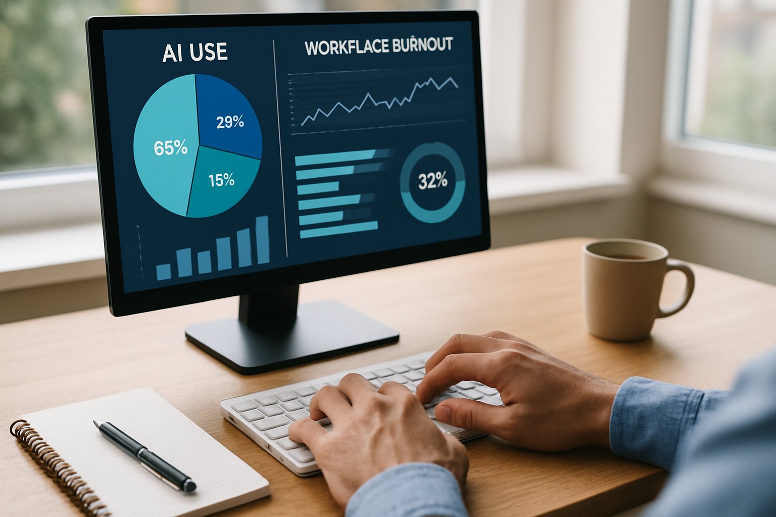 Hands typing on keyboard reviewing AI Fatigue survey data on screen.