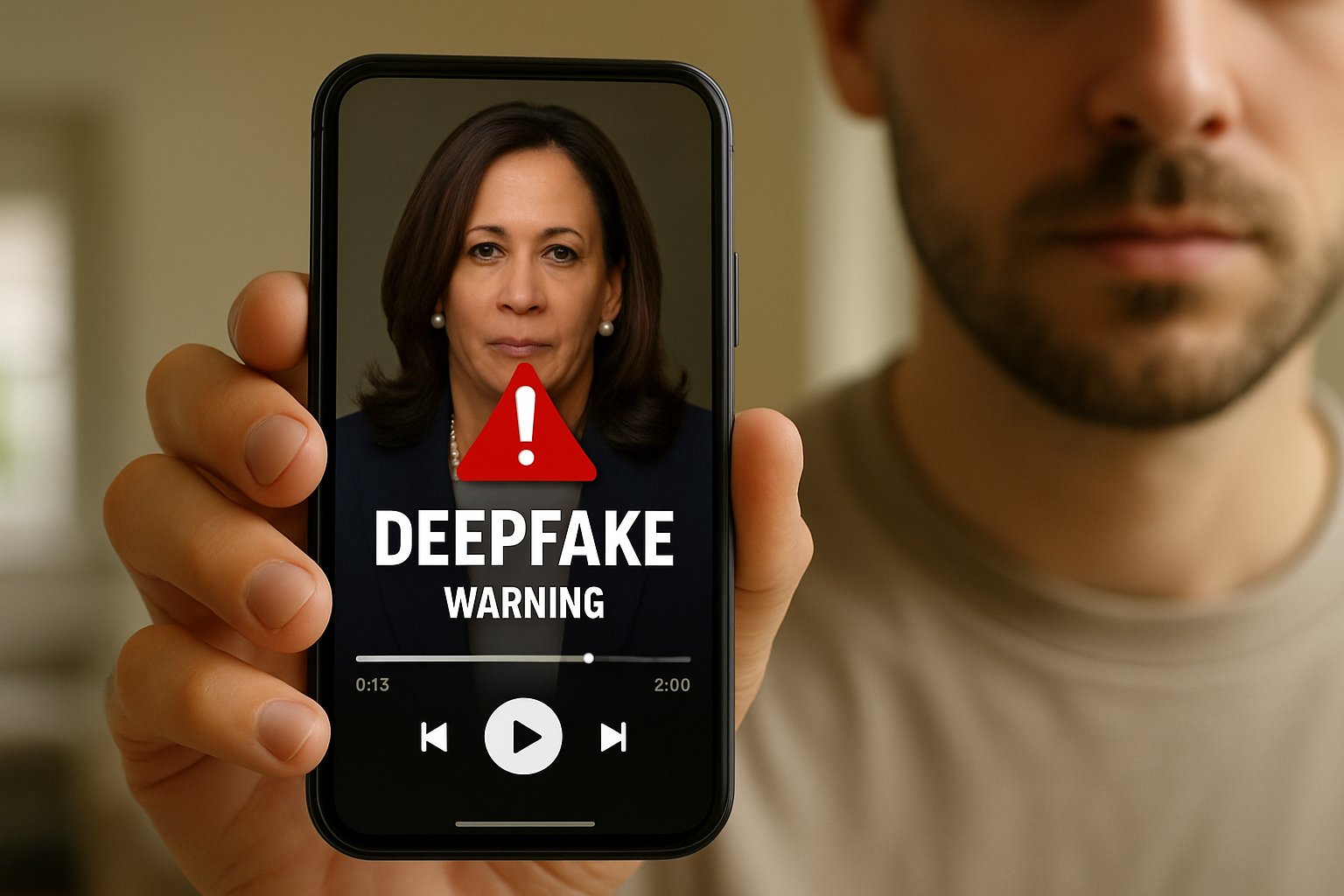 Smartphone with deepfake audio warning about Verification Standard Failure