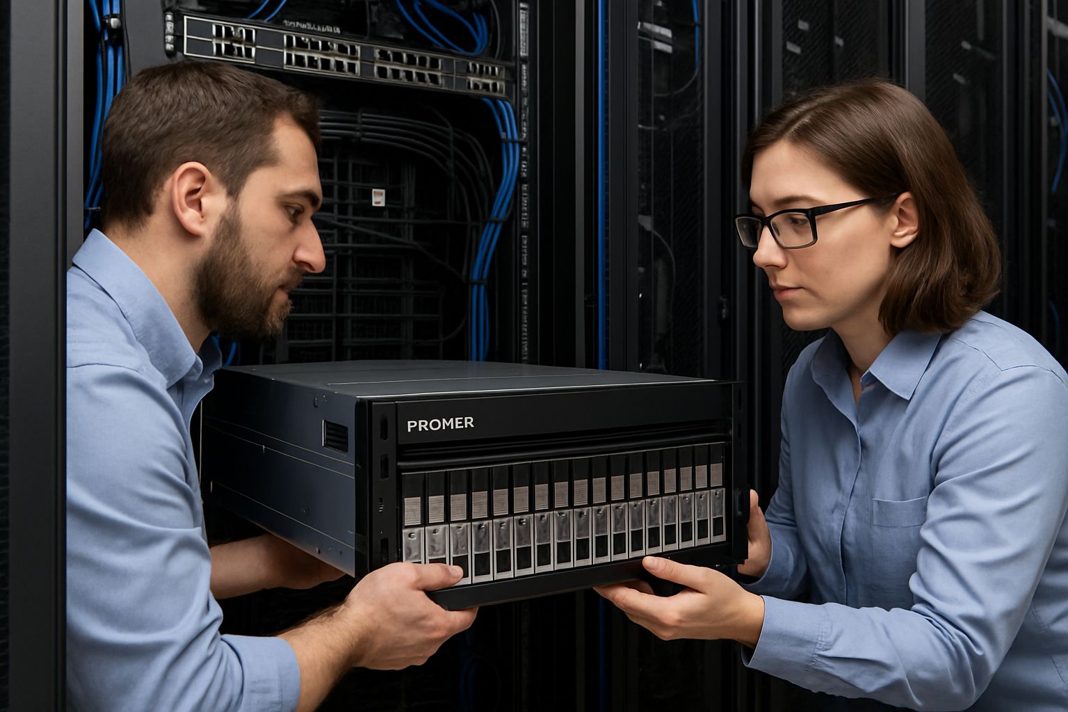 Engineers set up PROMISE NVMe AI Storage server in data center.