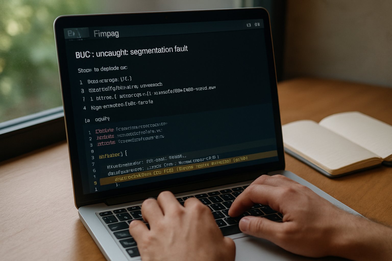 Software Reliability work with developer examining FFmpeg bug fix on laptop