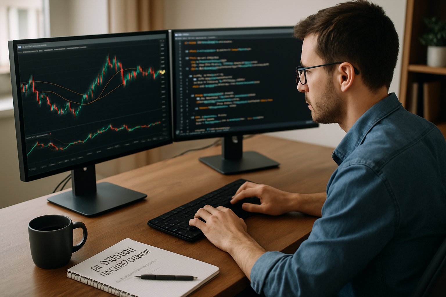 Developer coding AI Strategy Implementation features into financial software.