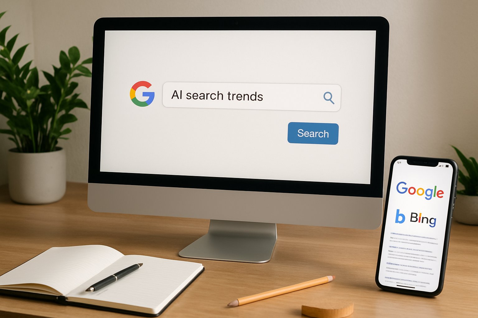 Desktop and smartphone showing Search Engine AI trends across Google and Bing.