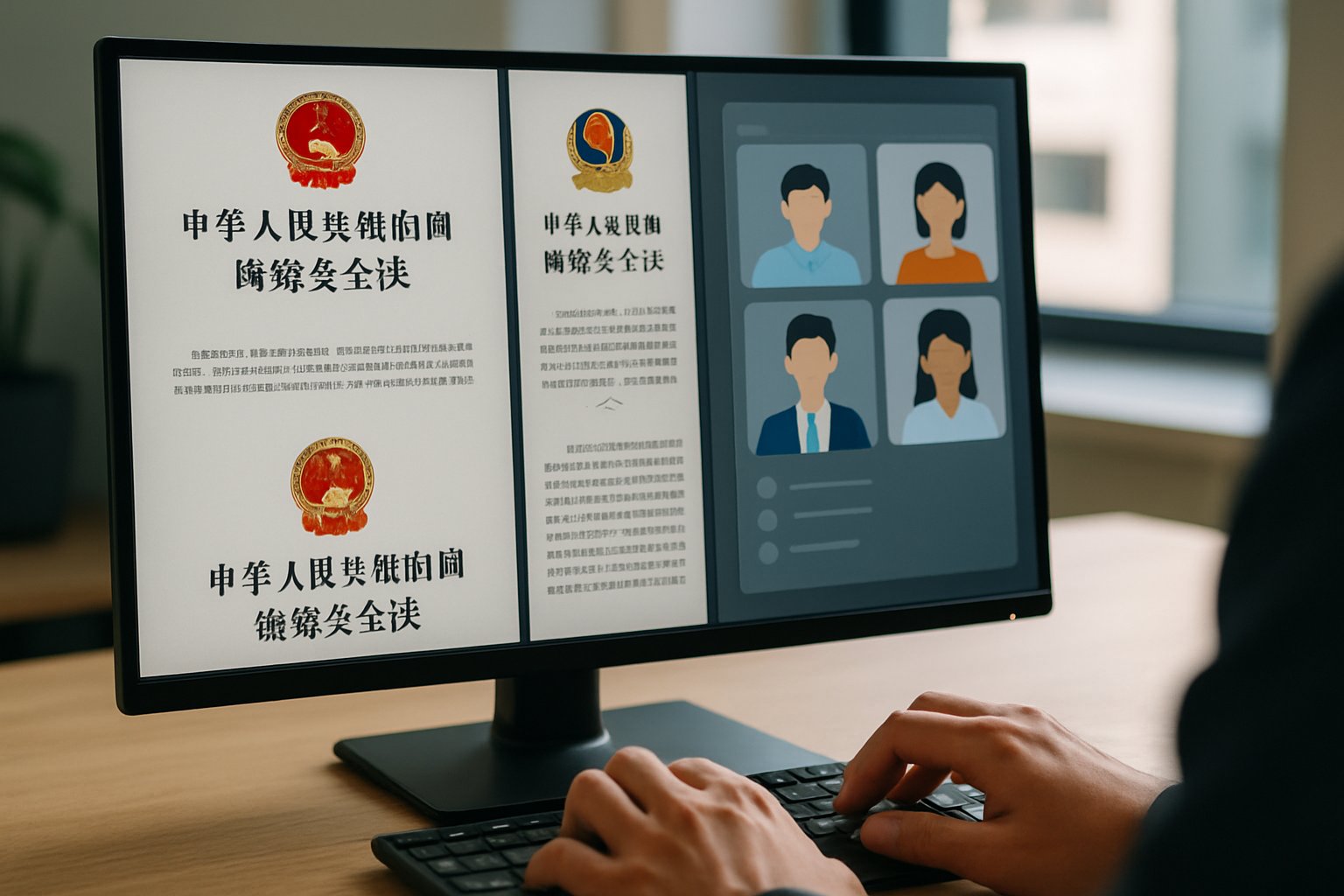 State Tech Control regulations visible on a computer screen in a Chinese office.