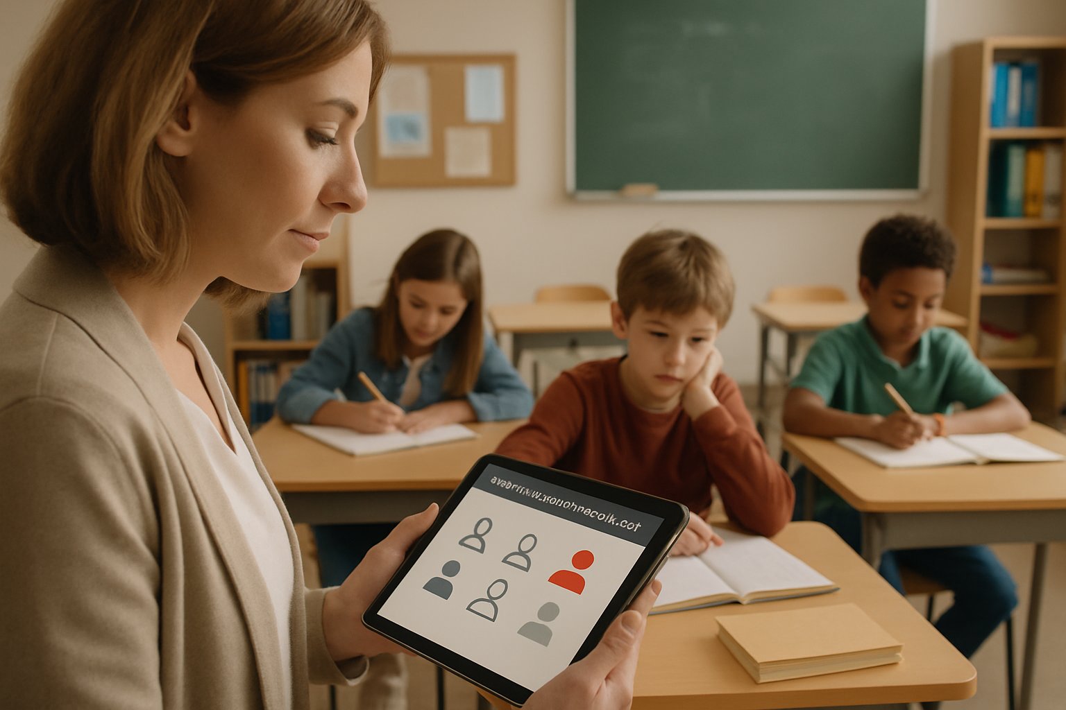 Teacher uses digital tool for Student Distress Tracking while students work.