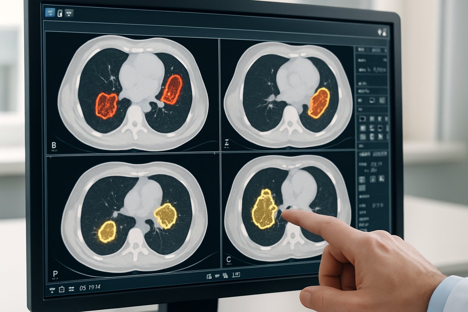 Doctor uses AI Medical Imaging for annotated CT scan diagnosis in hospital.