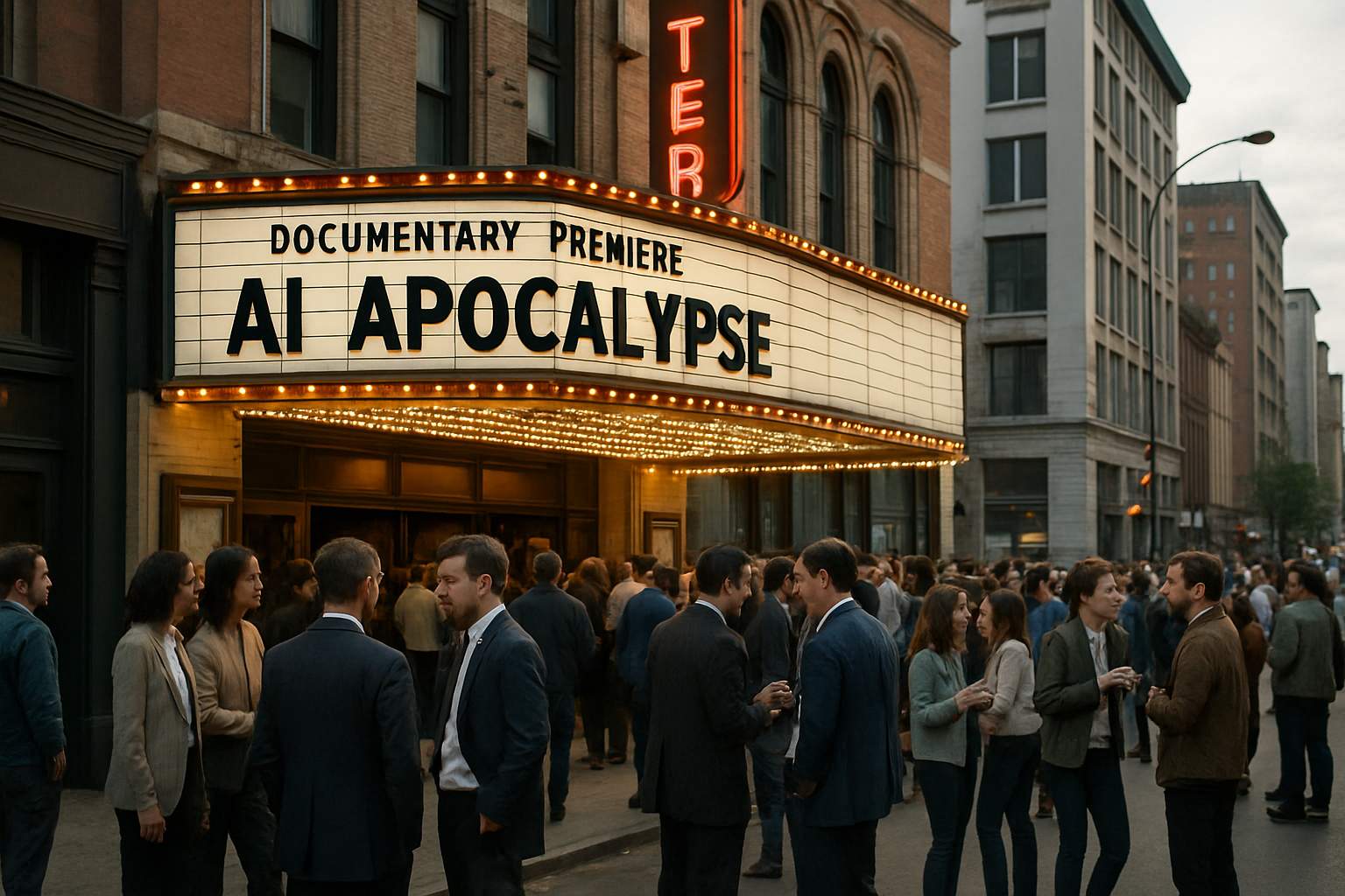 Crowd gathers for AI Apocalypse Documentary premiere outside historic theater.
