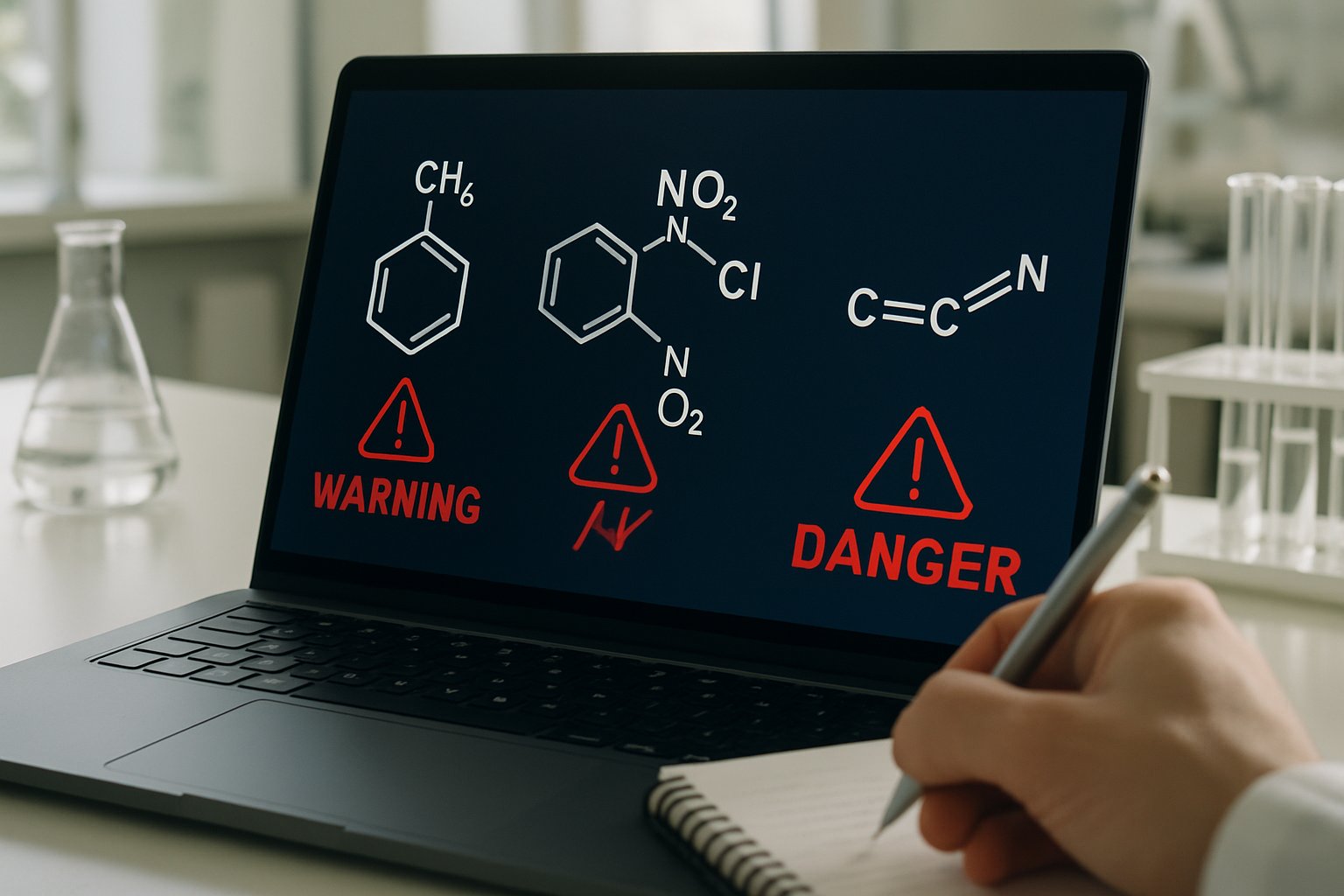 Laptop displays AI Bioweapon Threat molecular structures in a modern lab setting.