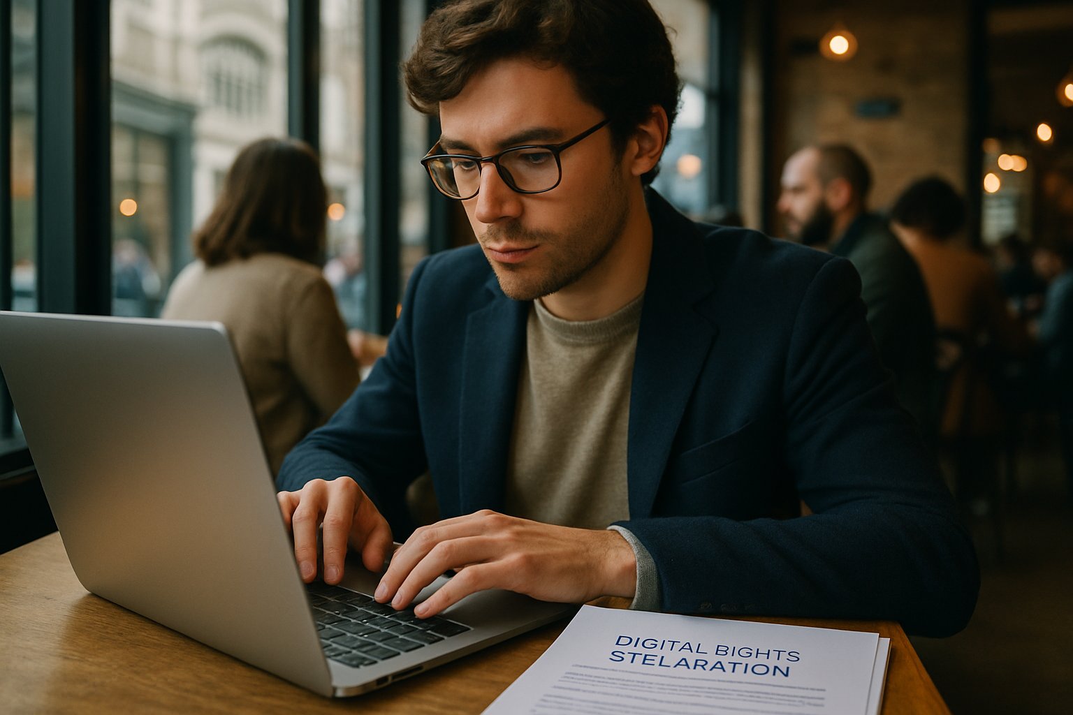 Young professional prepares Digital Citizenship Race documents in London café.