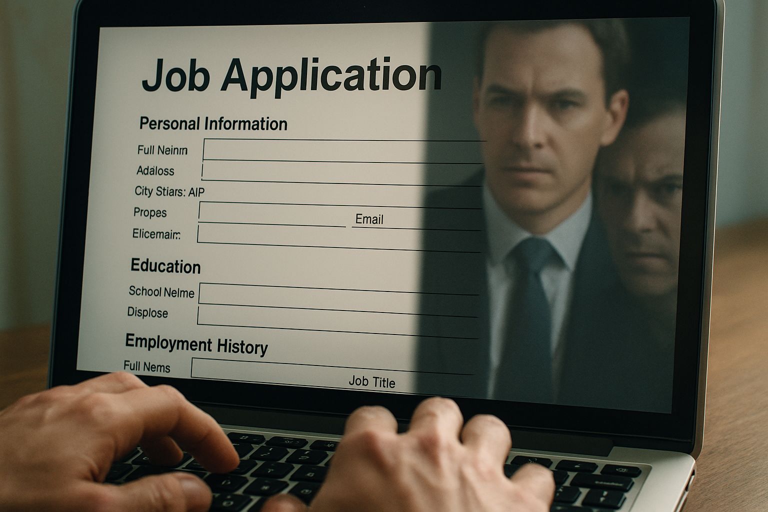 Computer screen job application with hidden Cybercrime Labor Fraud dual identity.