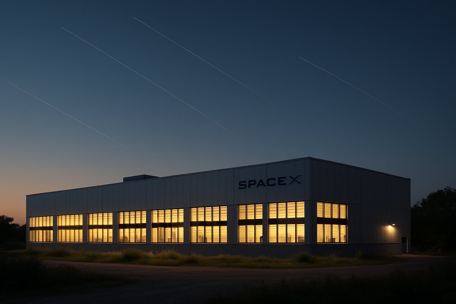 Ground data center with visible SpaceX satellite trails and Space Based Compute concept.