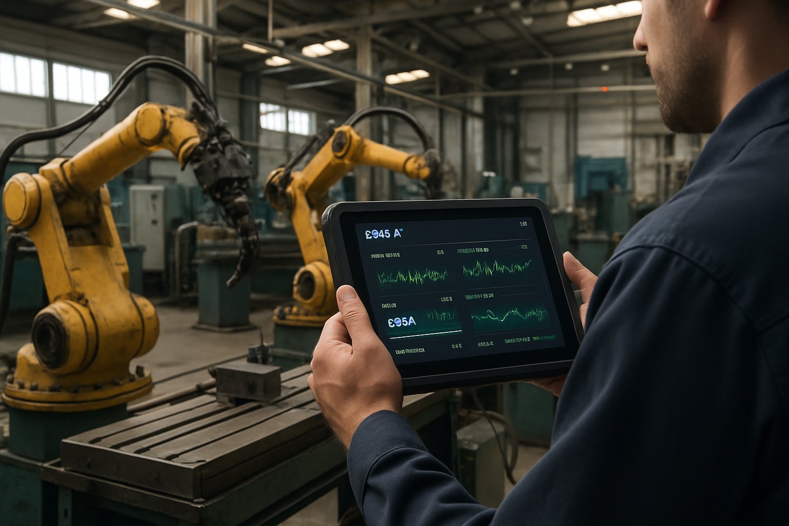 Edge AI managing autonomous robotics in an industrial factory for improved efficiency and safety.