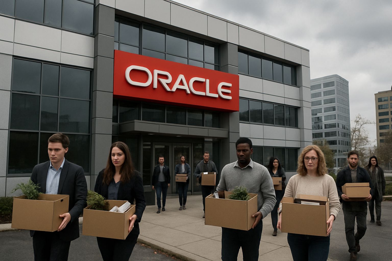 Oracle Layoffs 2026 office exodus with staff carrying belongings outside headquarters.