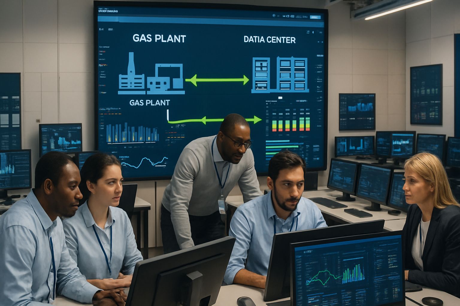 Engineers monitor gas plant energy distribution for data center energy management