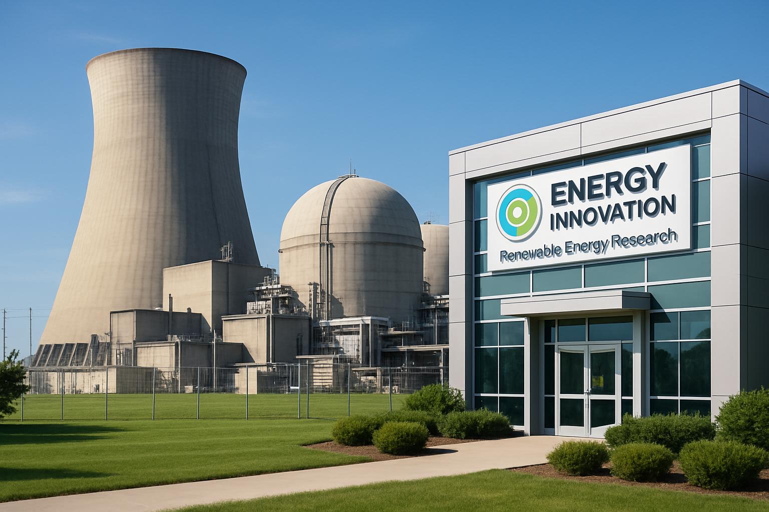 Energy Innovation facility with nuclear and research buildings in a vibrant landscape.