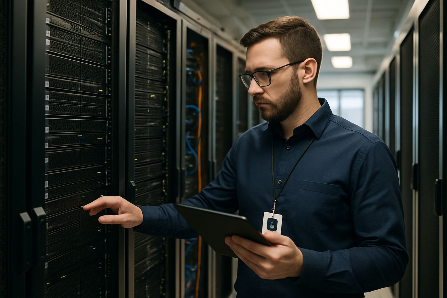 Security Partners engineer checking server rack for infrastructure security