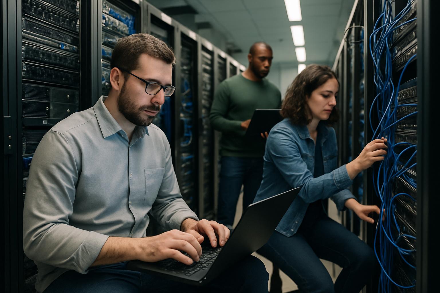 IT engineers collaborate inside a data center during an AI Infrastructure Shift.