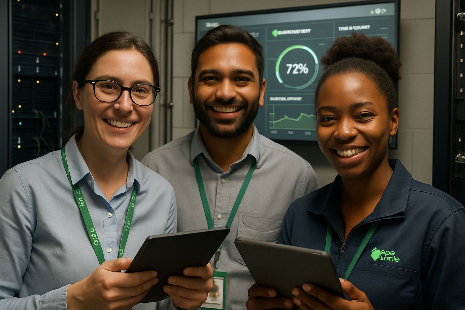 Sustainable Computing engineers analyzing eco-friendly server performance data