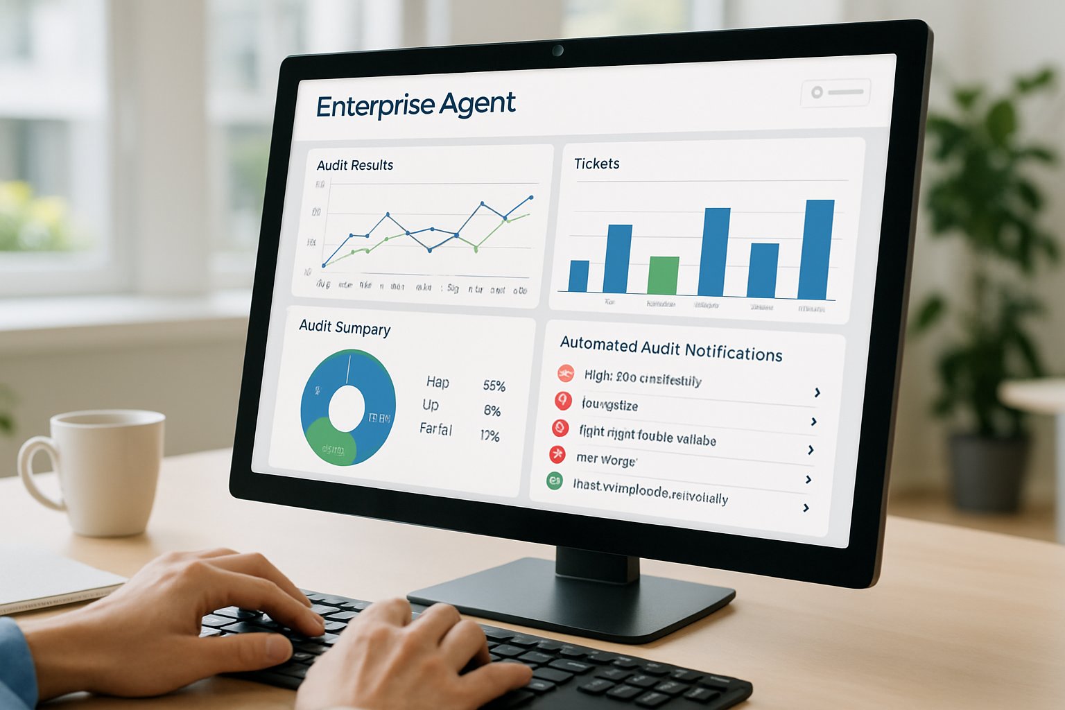 Automated Enterprise Agents dashboard facilitating audit processes in realistic office setting