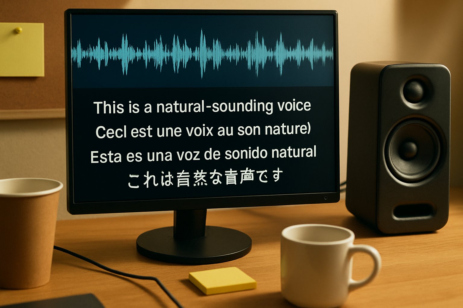 Enterprise Voice software interface showing live multilingual transcription and audio.