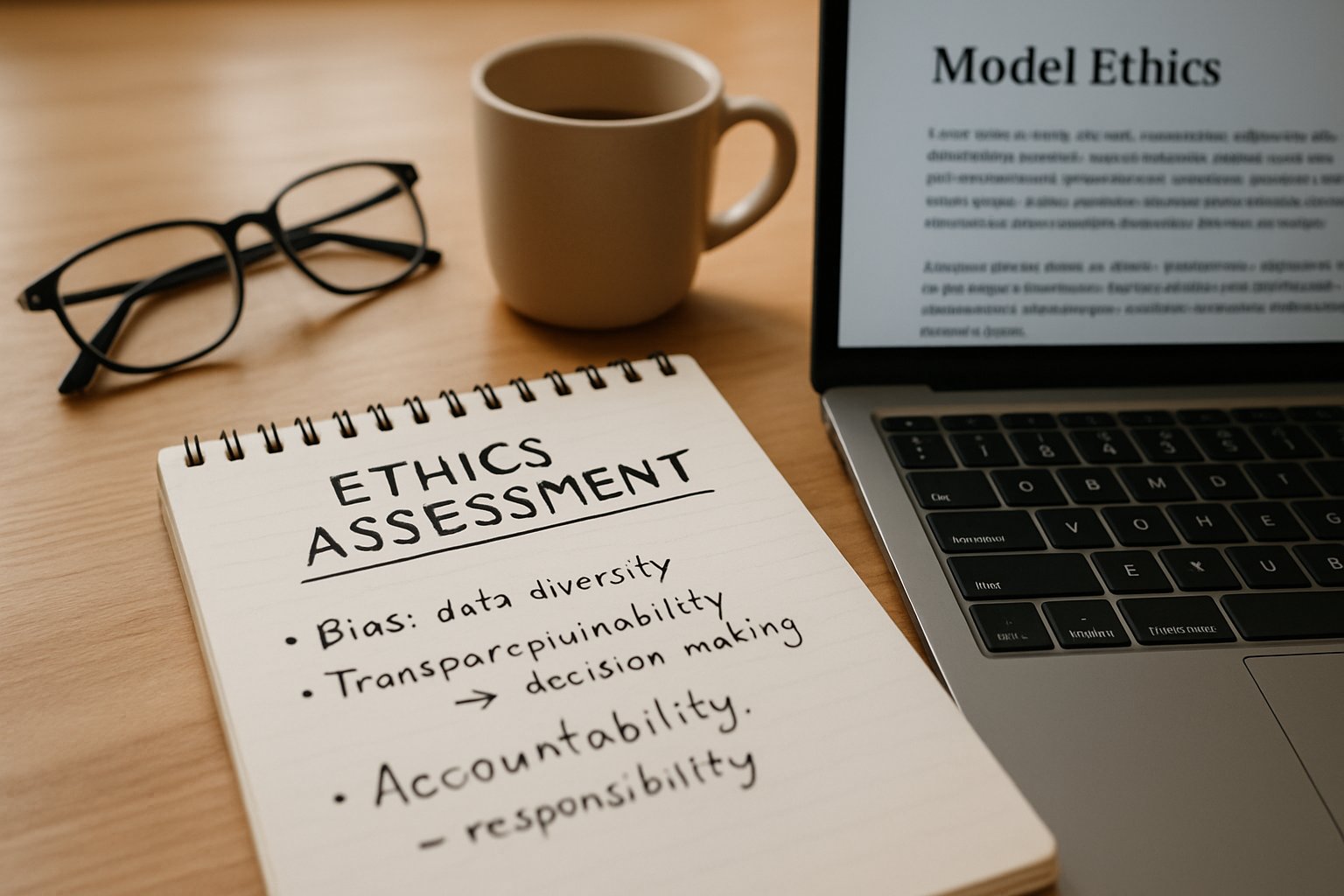 Close-up of notes and laptop illustrating Model Ethics assessment process.