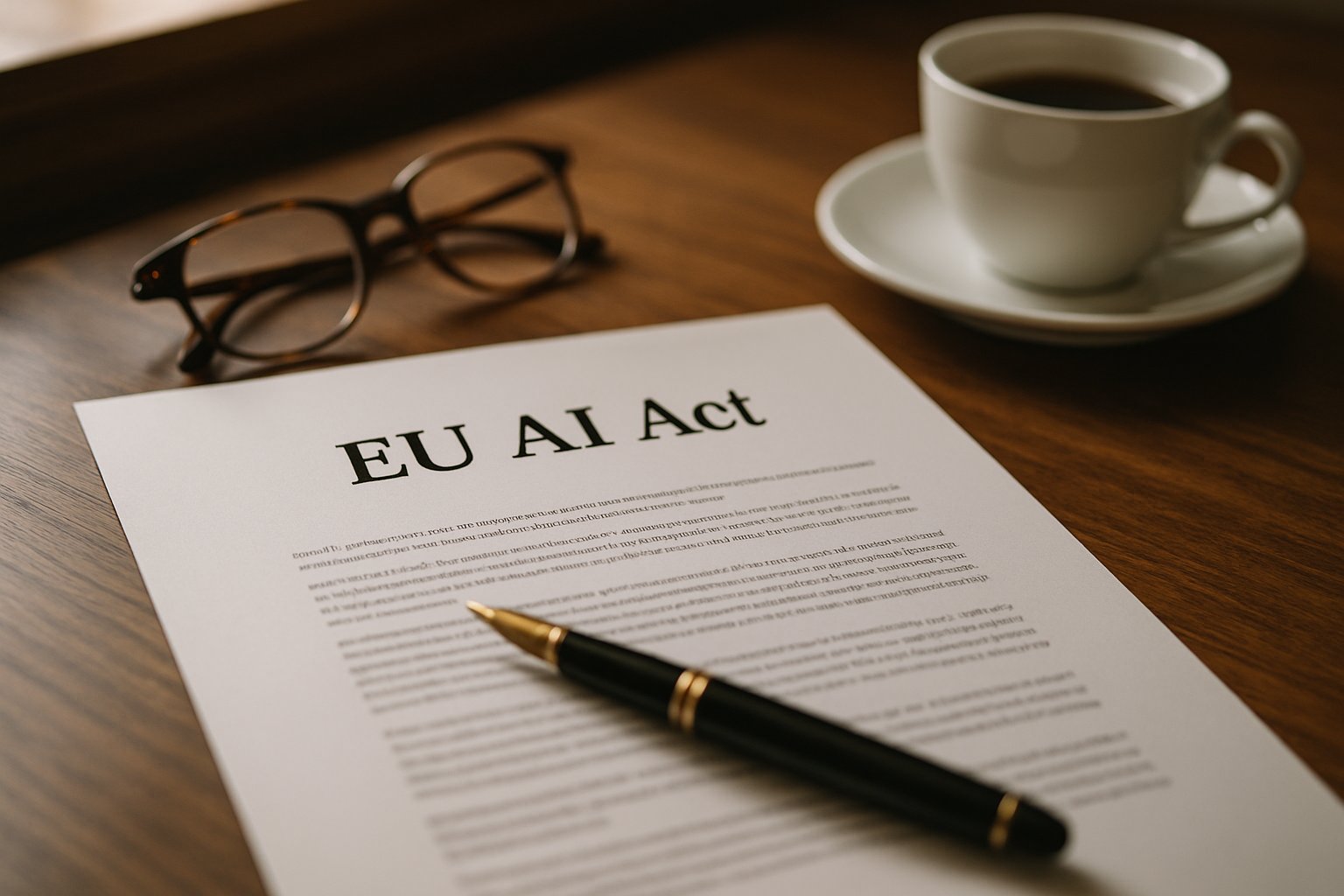 Official EU AI Act document related to AI Regulation on a lawyer's desk.