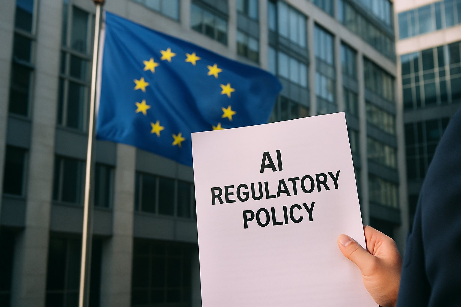 Professional holding AI Regulatory Policy document near EU building.