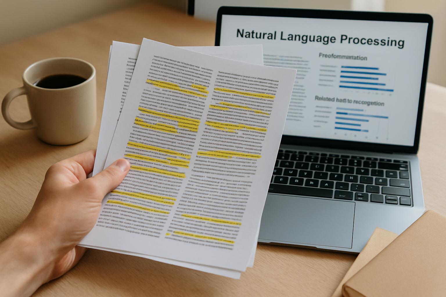 Research papers and laptop with Large Language Models data on desk.